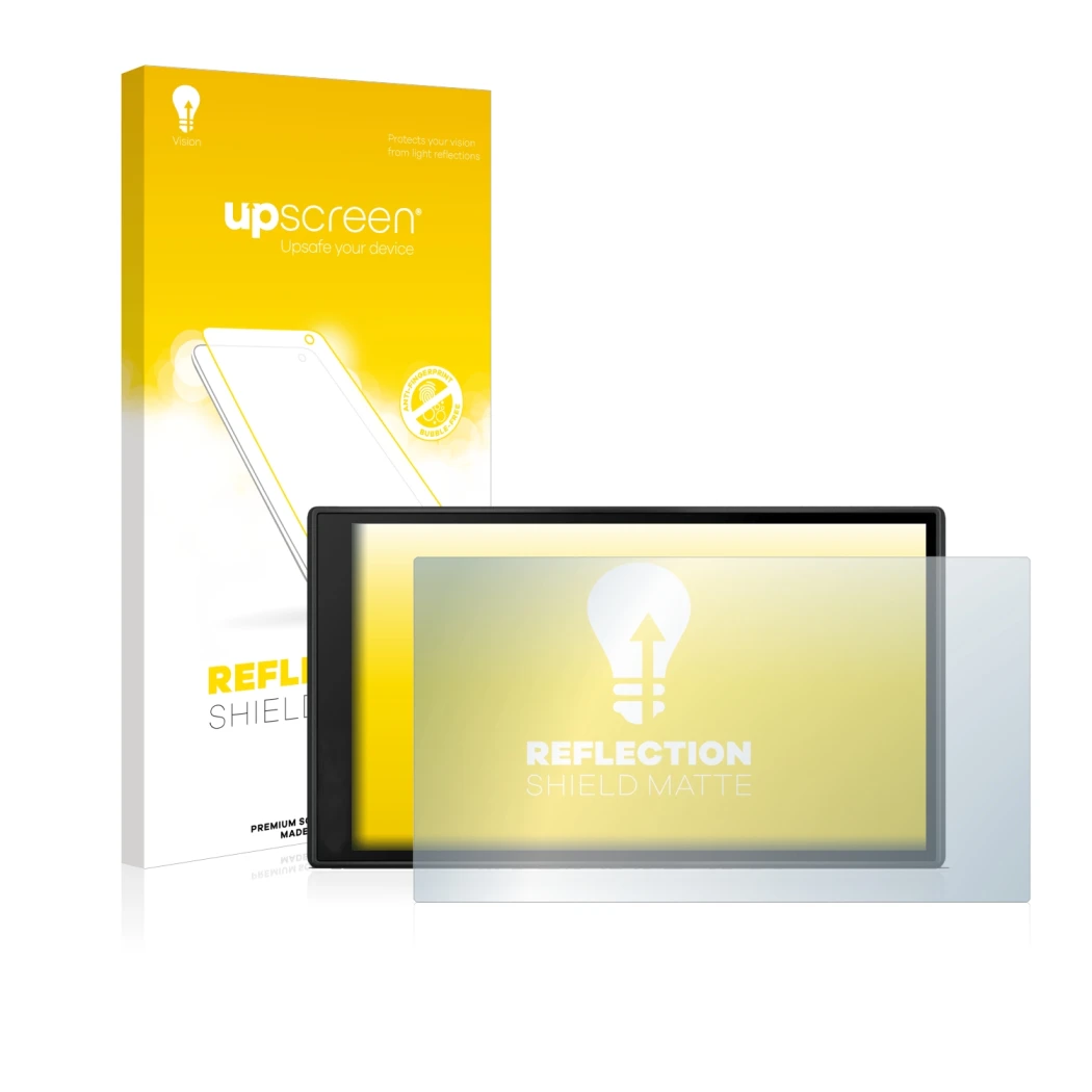 Parte frontal de un envase de producto con el logotipo de la marca upscreen. Al lado se muestra el dispositivo Garmin DriveSma