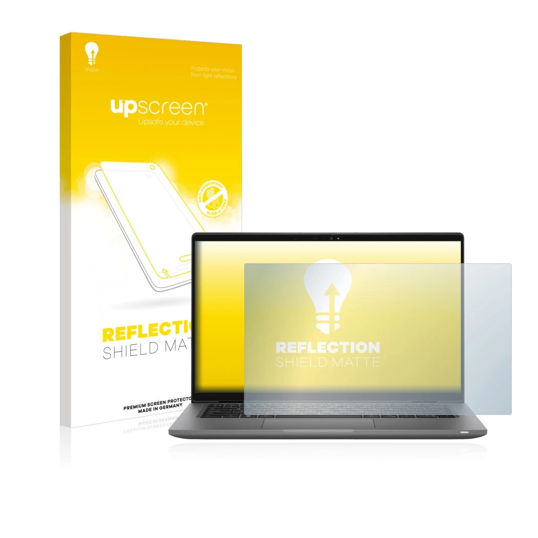 Parte frontal de un envase de producto con el logotipo de la marca upscreen. Al lado se muestra el dispositivo Dell Latitude 1