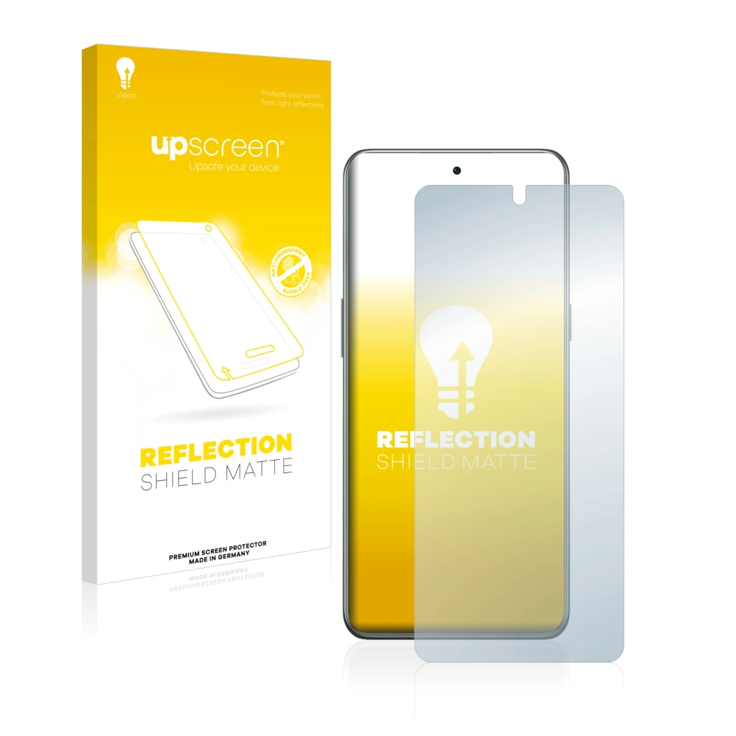 Parte frontal de un envase de producto con el logotipo de la marca upscreen. Al lado se muestra el dispositivo OnePlus 10T 5G 