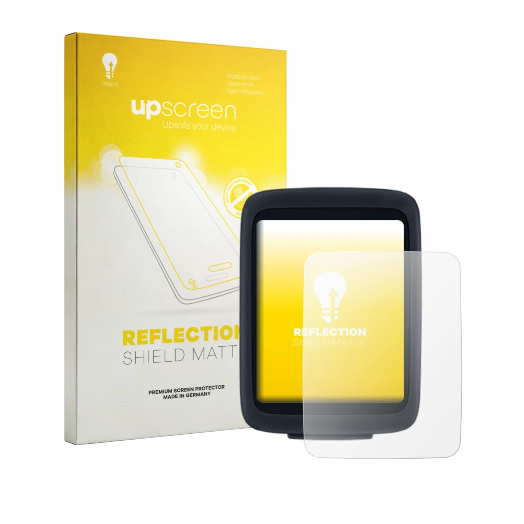 Parte frontal de un envase de producto con el logotipo de la marca upscreen. Al lado se muestra el dispositivo Sigma BC 10.0 W