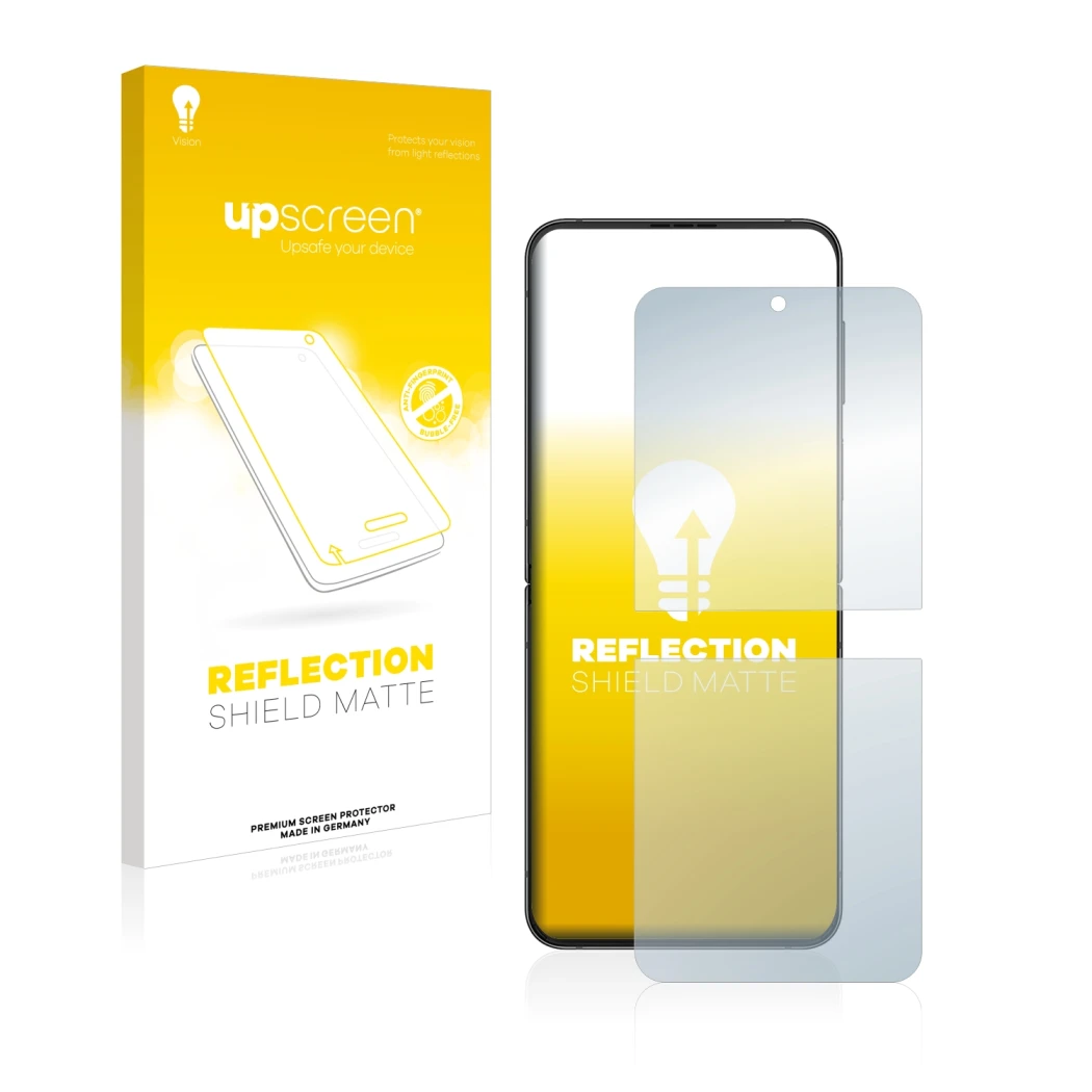 Parte frontal de un envase de producto con el logotipo de la marca upscreen. Al lado se muestra el dispositivo Samsung Galaxy