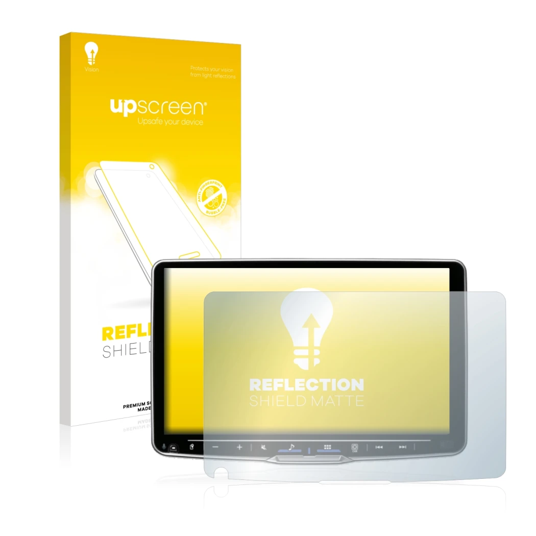 Parte frontal de un envase de producto con el logotipo de la marca upscreen. Al lado se muestra el dispositivo Alpine iLX-F905