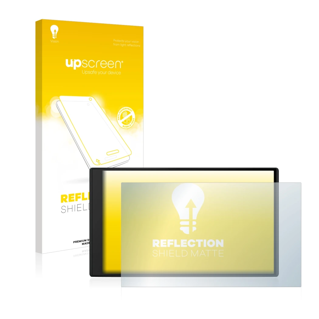 Parte frontal de un envase de producto con el logotipo de la marca upscreen. Al lado se muestra el dispositivo Garmin Camper 7