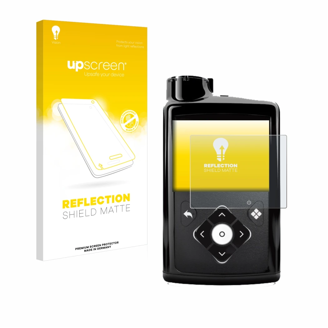 Parte frontal de un envase de producto con el logotipo de la marca upscreen. Al lado se muestra el dispositivo Medtronic Minim