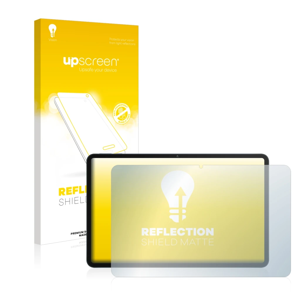 Parte frontal de un envase de producto con el logotipo de la marca upscreen. Al lado se muestra el dispositivo Honor Pad 8 con