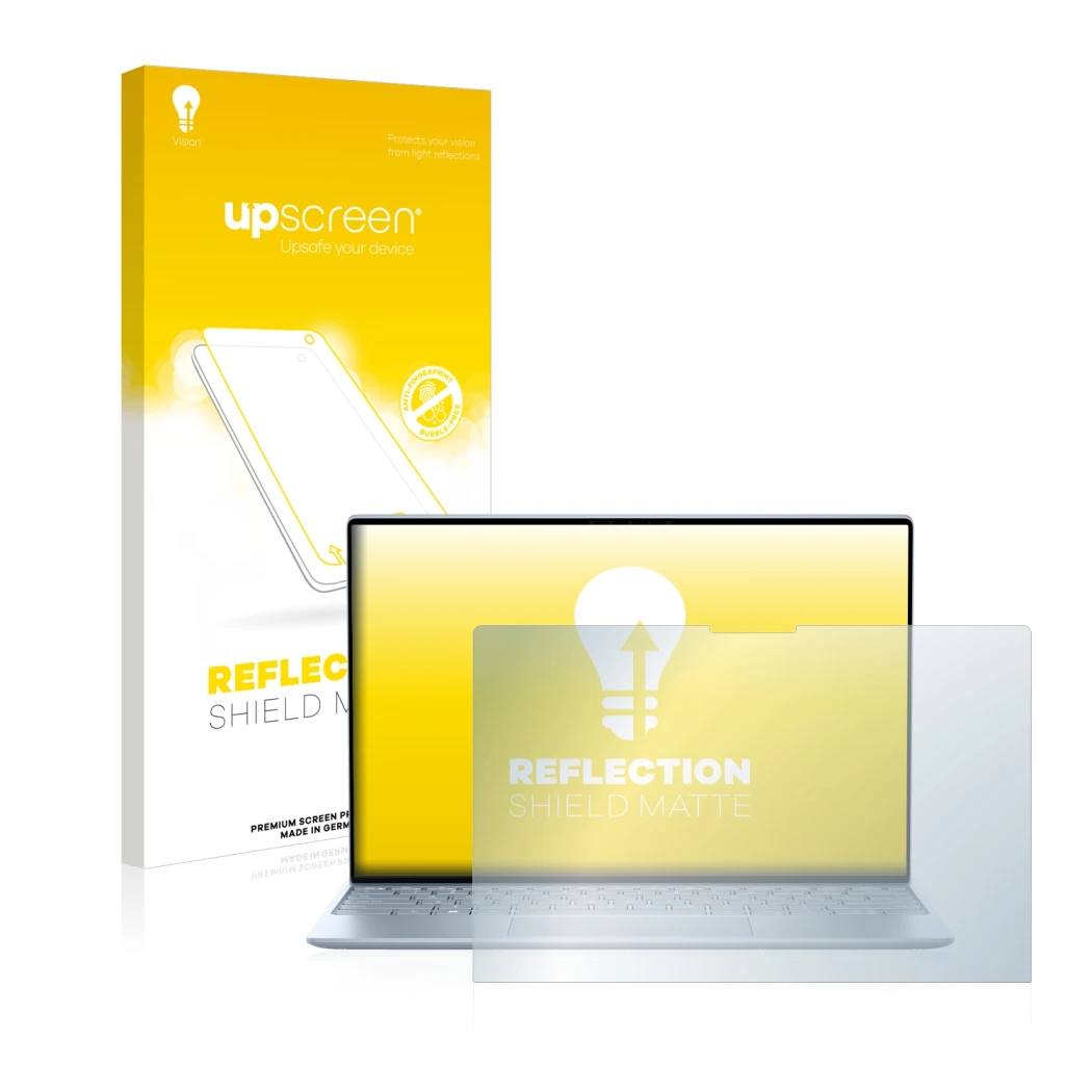 Parte frontal de un envase de producto con el logotipo de la marca upscreen. Al lado se muestra el dispositivo Dell XPS 13 931