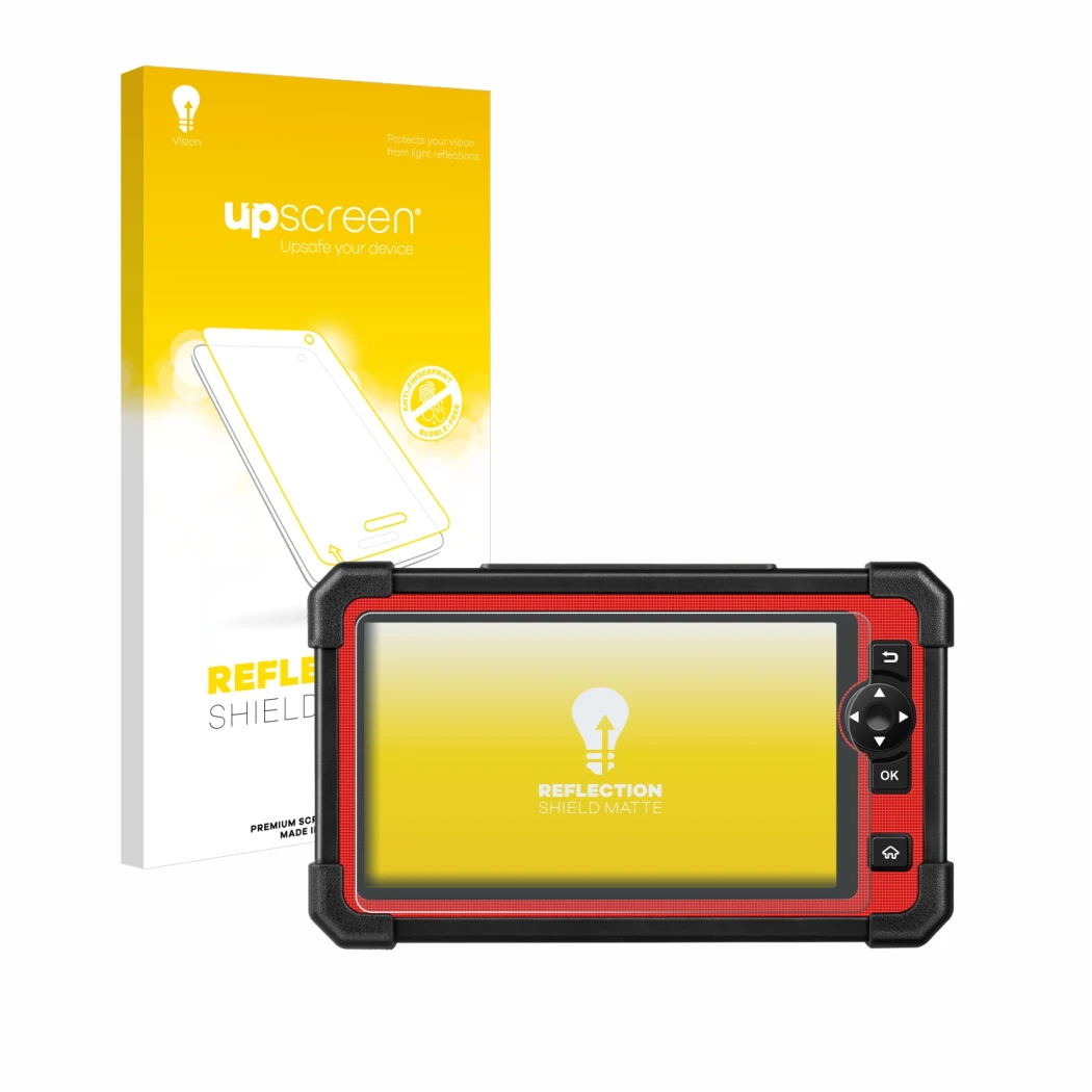 Parte frontal de un envase de producto con el logotipo de la marca upscreen. Al lado se muestra el dispositivo Launch X-431 CR