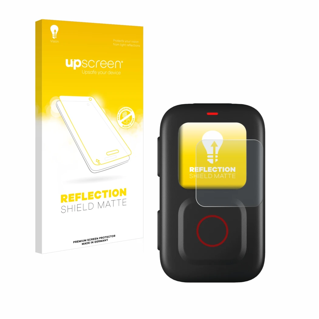 Parte frontal de un envase de producto con el logotipo de la marca upscreen. Al lado se muestra el dispositivo GoPro Remote co