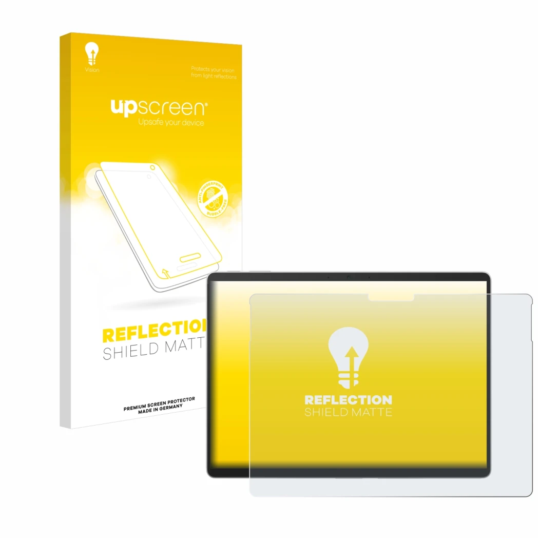 Parte frontal de un envase de producto con el logotipo de la marca upscreen. Al lado se muestra el dispositivo Microsoft Surfa