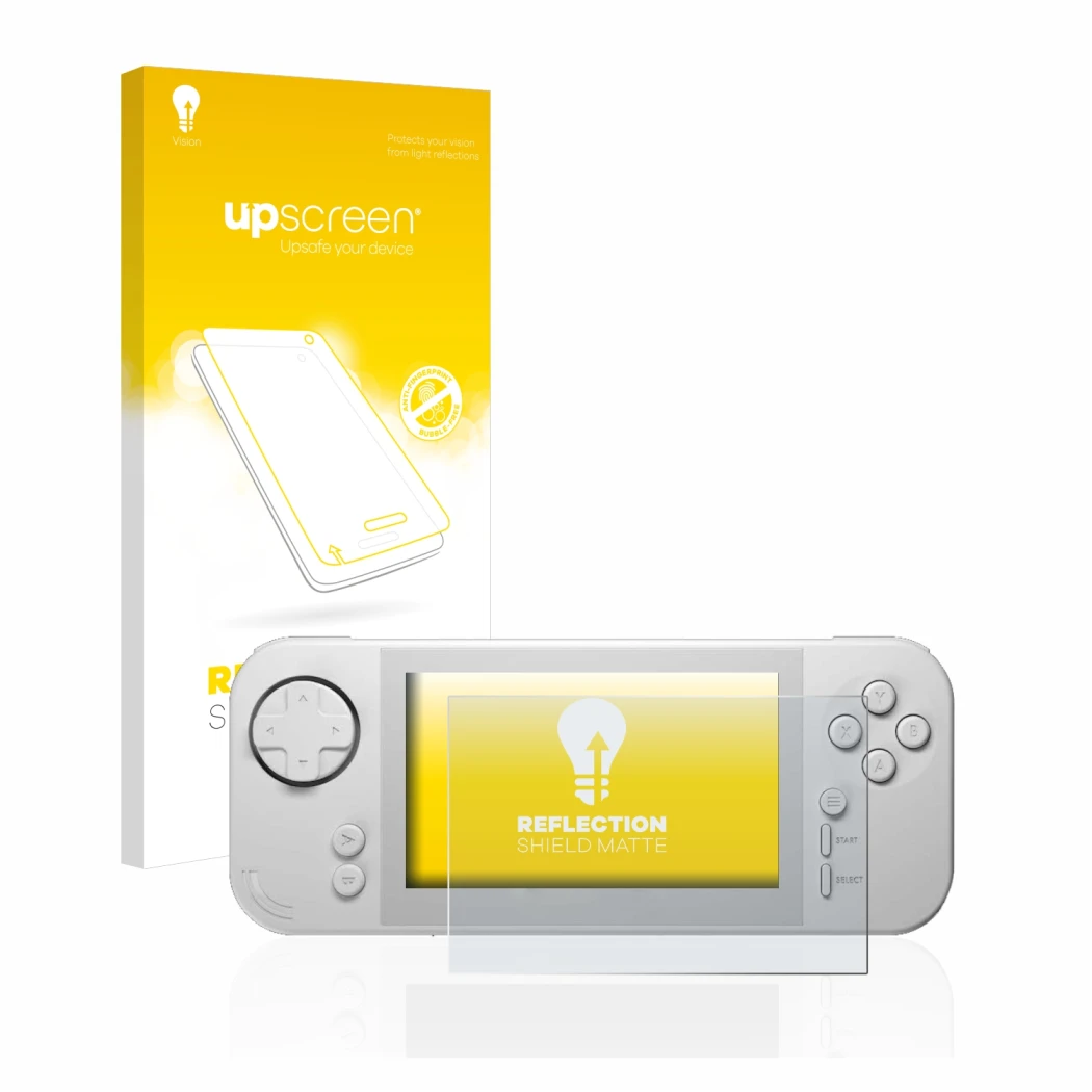 Parte frontal de un envase de producto con el logotipo de la marca upscreen. Al lado se muestra el dispositivo Evercade EXP co