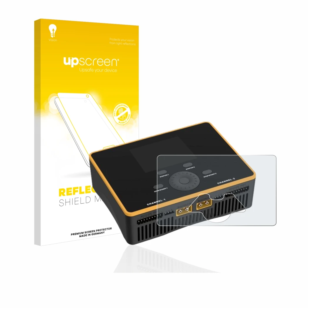 Parte frontal de un envase de producto con el logotipo de la marca upscreen. Al lado se muestra el dispositivo Junsi iCharger 