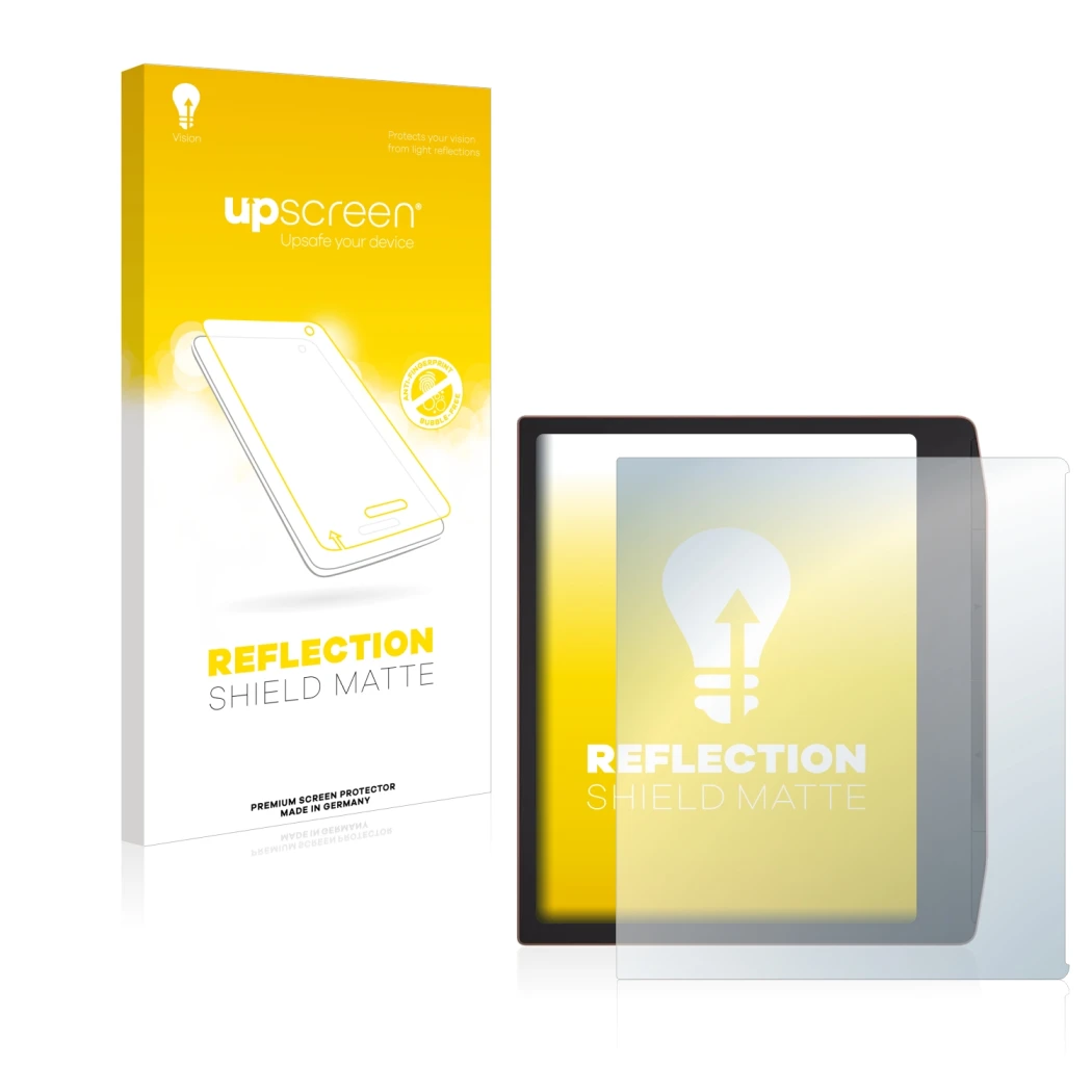Parte frontal de un envase de producto con el logotipo de la marca upscreen. Al lado se muestra el dispositivo PocketBook Era 