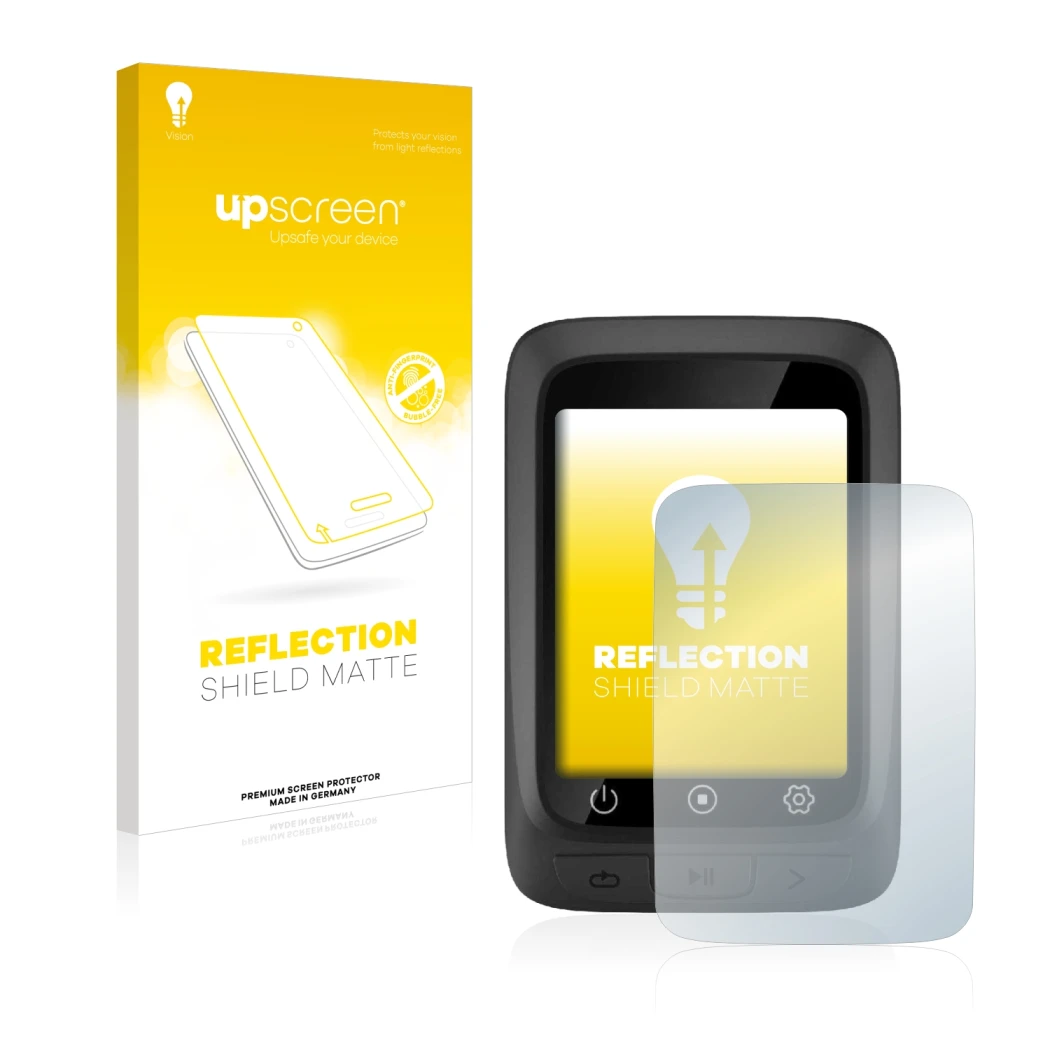 Parte frontal de un envase de producto con el logotipo de la marca upscreen. Al lado se muestra el dispositivo CooSpo BC107 co