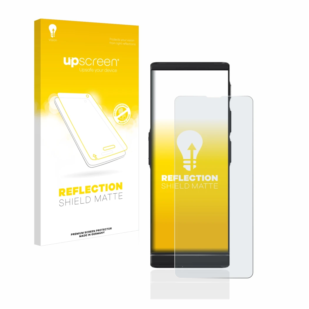 Parte frontal de un envase de producto con el logotipo de la marca upscreen. Al lado se muestra el dispositivo Vasco Translato