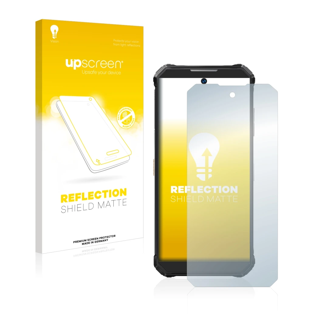Parte frontal de un envase de producto con el logotipo de la marca upscreen. Al lado se muestra el dispositivo Oukitel WP19 co