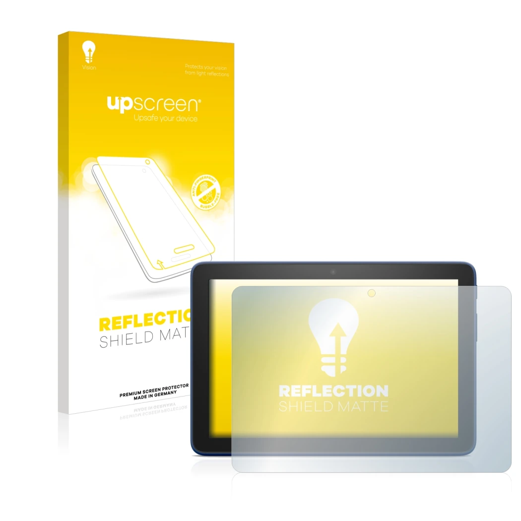 Parte frontal de un envase de producto con el logotipo de la marca upscreen. Al lado se muestra el dispositivo Amazon Fire HD
