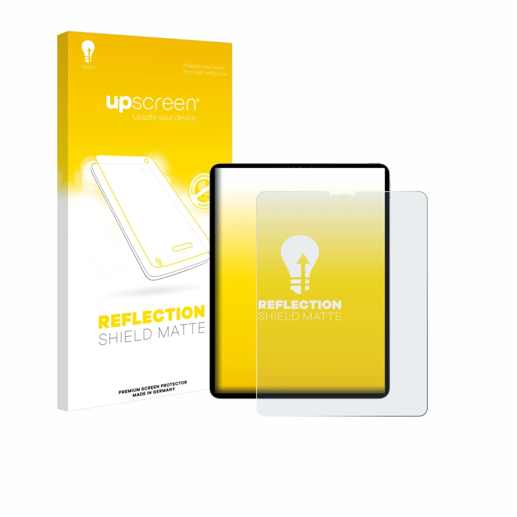 Parte frontal de un envase de producto con el logotipo de la marca upscreen. Al lado se muestra el dispositivo Apple iPad Pro 