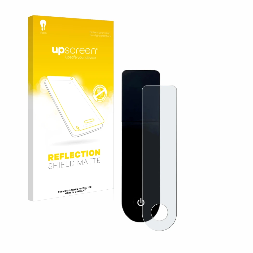 Parte frontal de un envase de producto con el logotipo de la marca upscreen. Al lado se muestra el dispositivo Xiaomi Mi 3 E-S