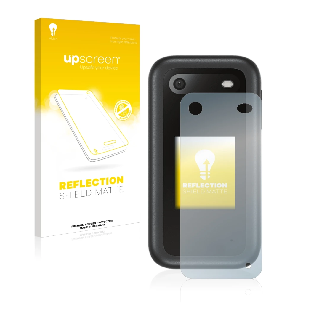 Parte frontal de un envase de producto con el logotipo de la marca upscreen. Al lado se muestra el dispositivo Nokia 2660 Flip