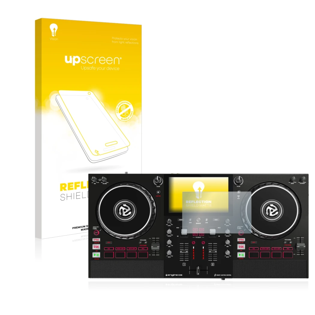 Parte frontal de un envase de producto con el logotipo de la marca upscreen. Al lado se muestra el dispositivo Numark Mixstrea