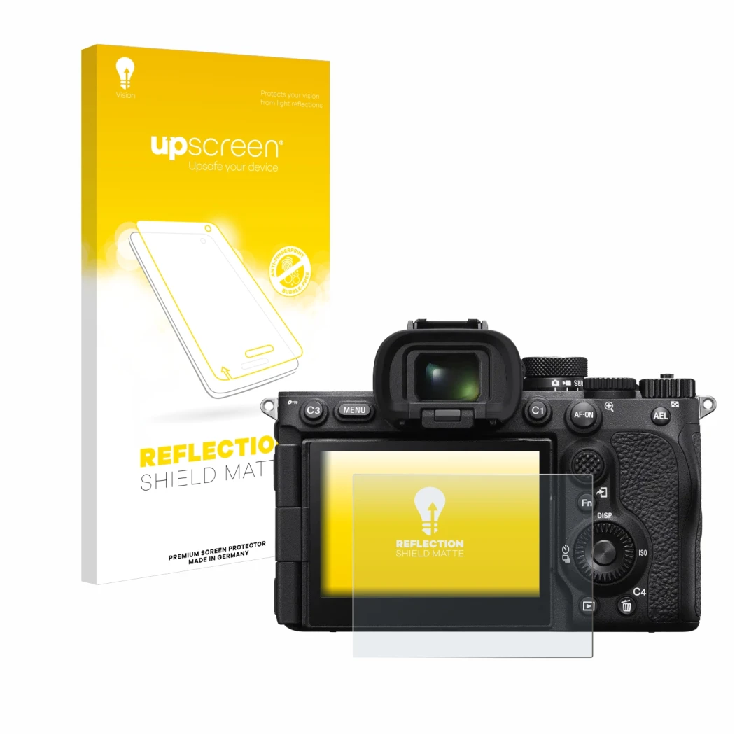 Parte frontal de un envase de producto con el logotipo de la marca upscreen. Al lado se muestra el dispositivo Sony Alpha 7R V