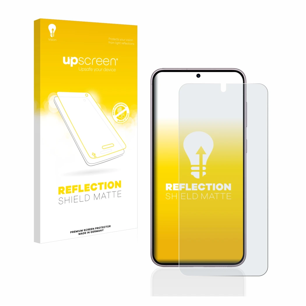 Parte frontal de un envase de producto con el logotipo de la marca upscreen. Al lado se muestra el dispositivo Samsung Galaxy