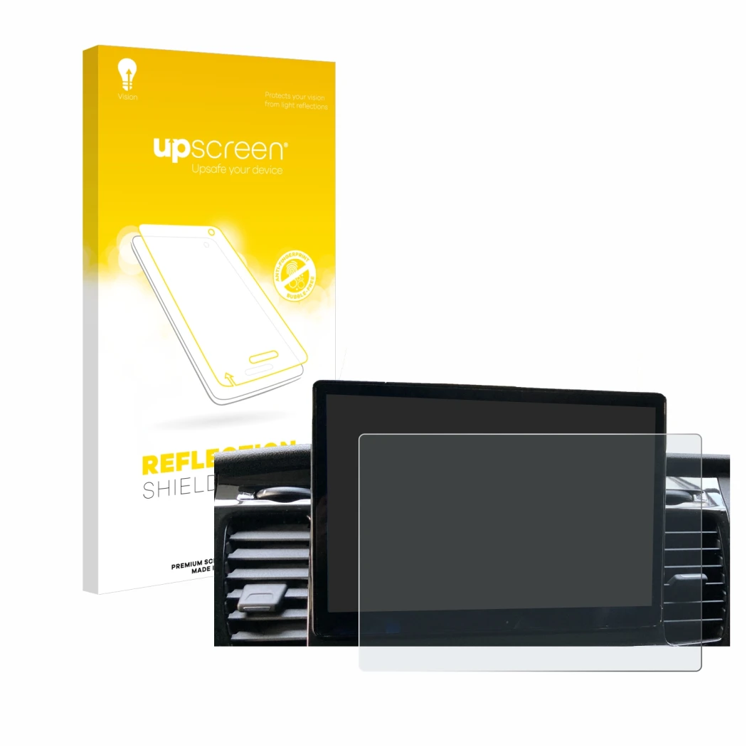 Parte frontal de un envase de producto con el logotipo de la marca upscreen. Al lado se muestra el dispositivo Ford Transit SY