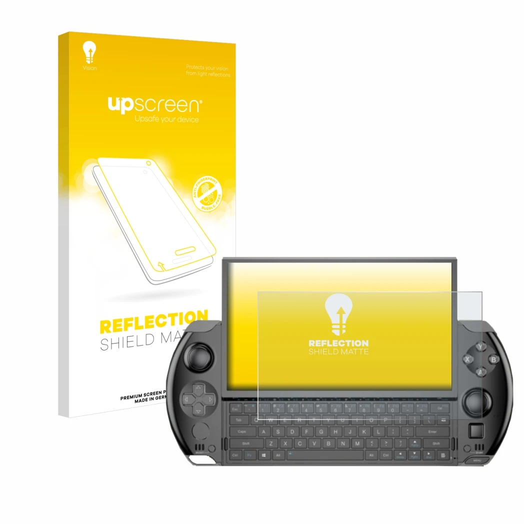 Parte frontal de un envase de producto con el logotipo de la marca upscreen. Al lado se muestra el dispositivo GPD Win 4 con s