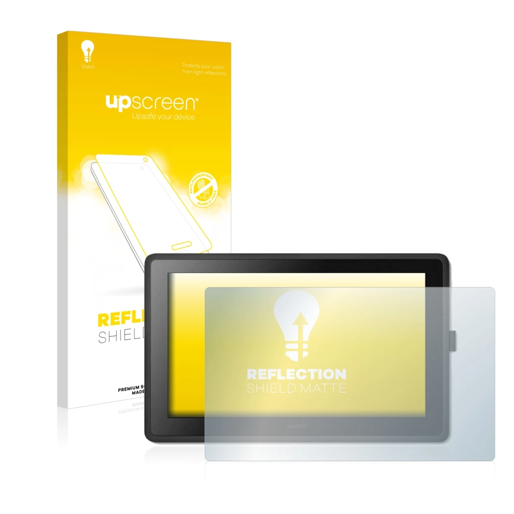 Parte frontal de un envase de producto con el logotipo de la marca upscreen. Al lado se muestra el dispositivo Wacom Cintiq 22