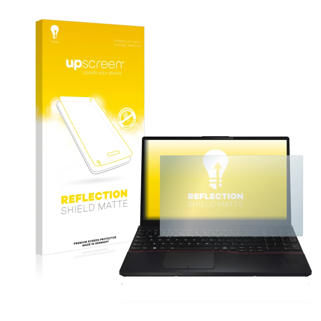 Parte frontal de un envase de producto con el logotipo de la marca upscreen. Al lado se muestra el dispositivo Fujitsu Lifeboo