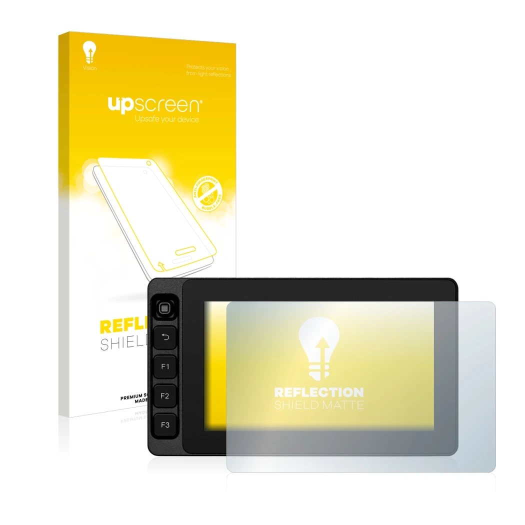 Parte frontal de un envase de producto con el logotipo de la marca upscreen. Al lado se muestra el dispositivo SmallHD Ultra 5