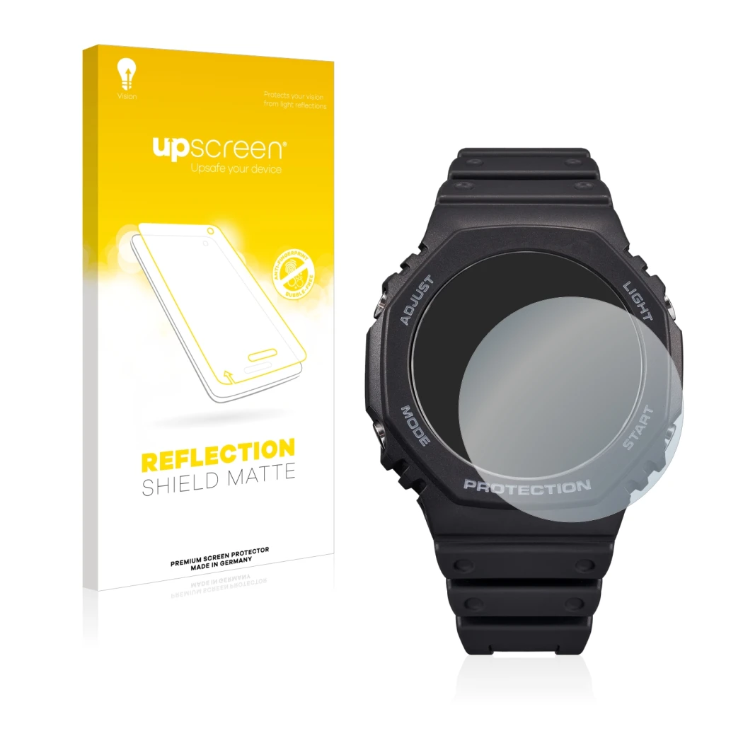 Parte frontal de un envase de producto con el logotipo de la marca upscreen. Al lado se muestra el dispositivo Casio G-Shock G