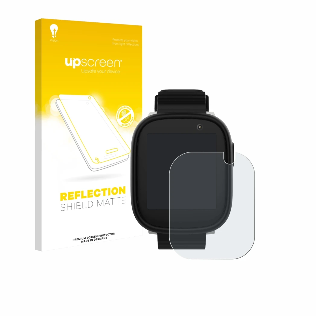 Parte frontal de un envase de producto con el logotipo de la marca upscreen. Al lado se muestra el dispositivo Xplora X6 Play 