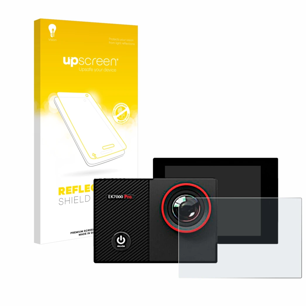 Parte frontal de un envase de producto con el logotipo de la marca upscreen. Al lado se muestra el dispositivo Akaso EK7000 Pr
