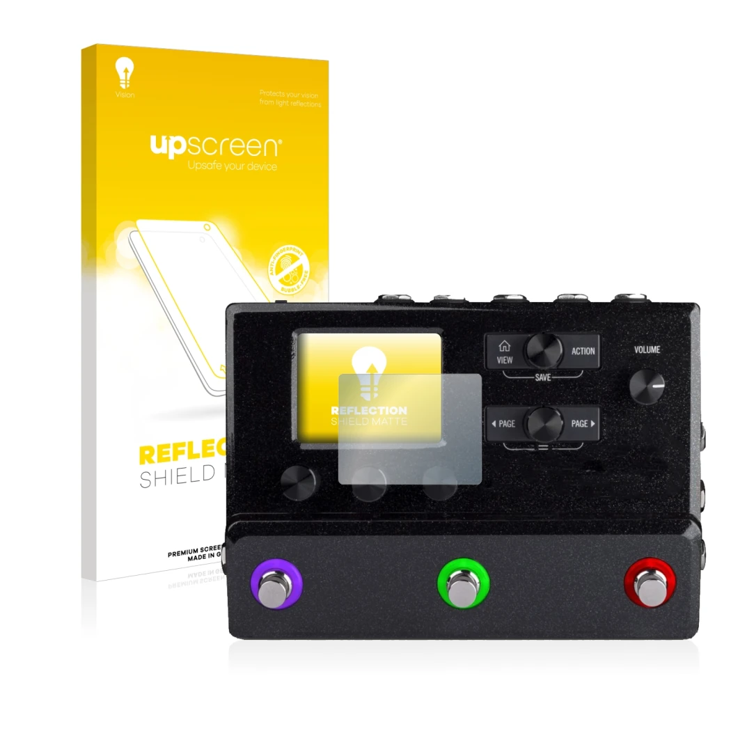 Parte frontal de un envase de producto con el logotipo de la marca upscreen. Al lado se muestra el dispositivo Line 6 hx stomp