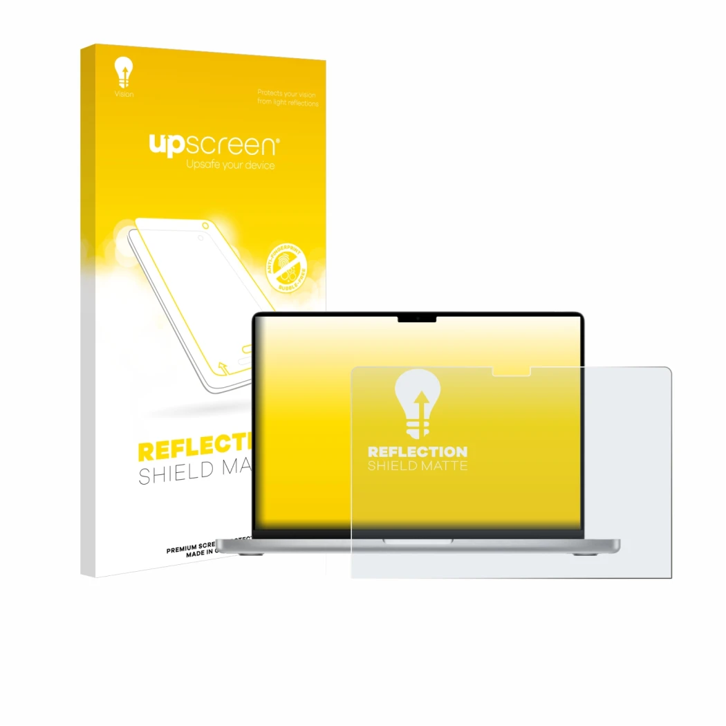 Parte frontal de un envase de producto con el logotipo de la marca upscreen. Al lado se muestra el dispositivo Apple MacBook P