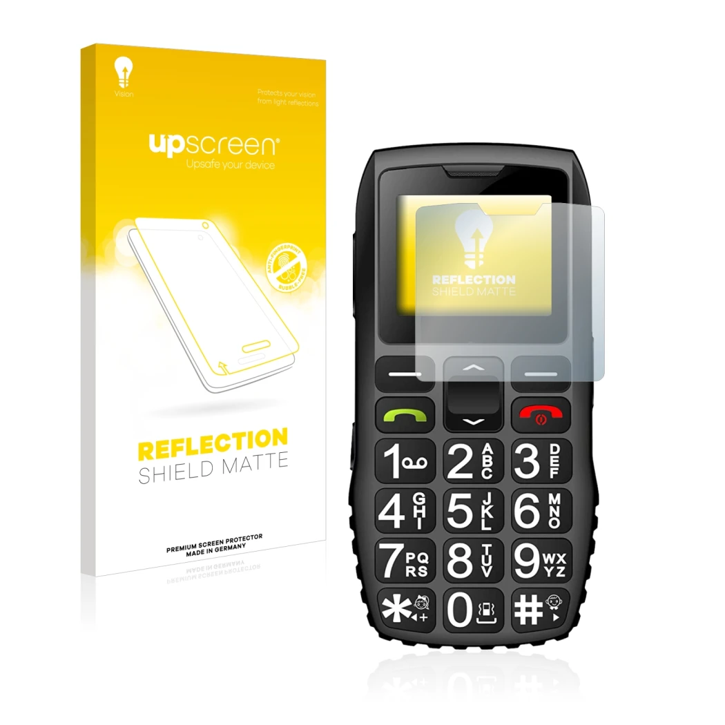 Parte frontal de un envase de producto con el logotipo de la marca upscreen. Al lado se muestra el dispositivo artfone C1 Plus
