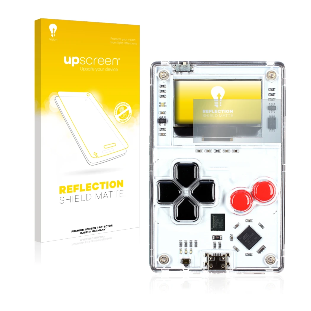 Parte frontal de un envase de producto con el logotipo de la marca upscreen. Al lado se muestra el dispositivo Arduboy FX con
