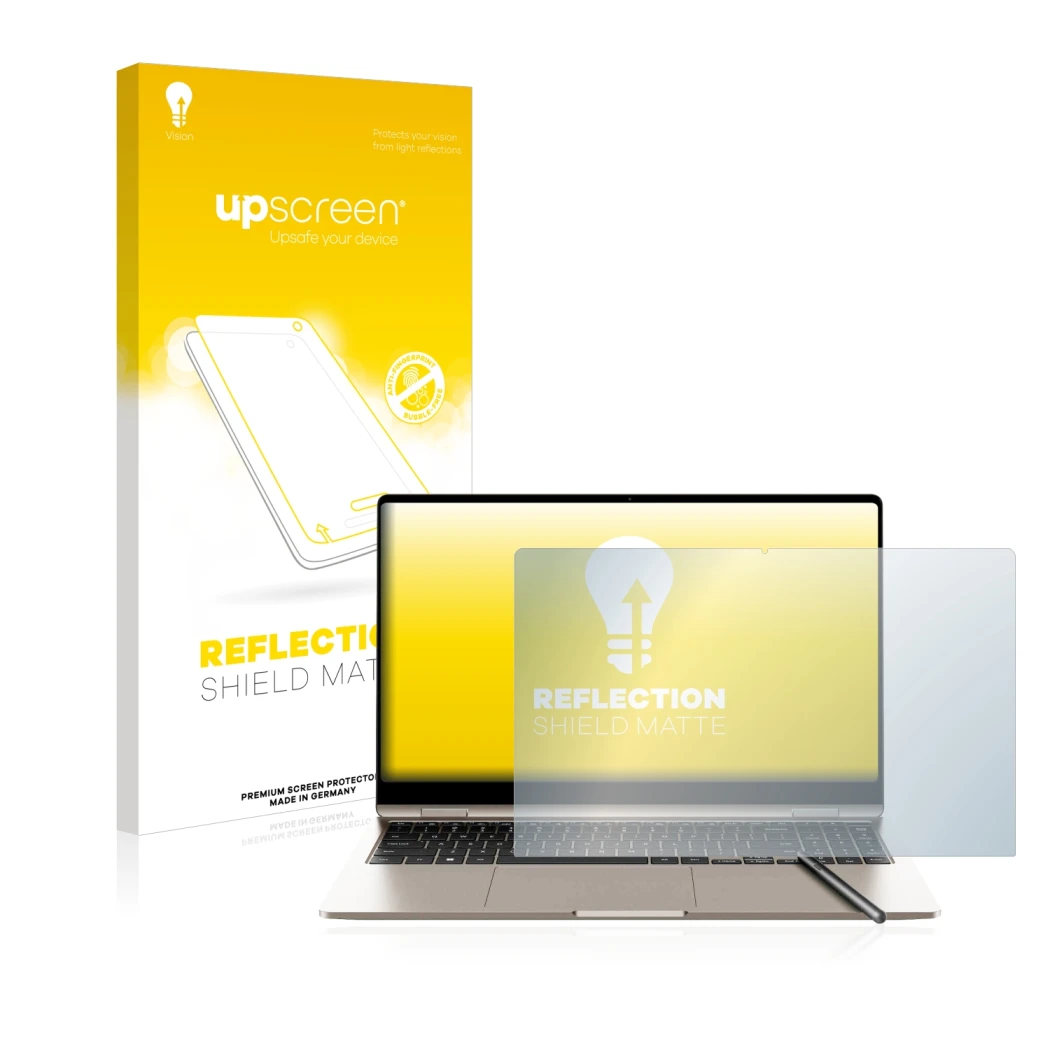 Parte frontal de un envase de producto con el logotipo de la marca upscreen. Al lado se muestra el dispositivo Samsung Galaxy 