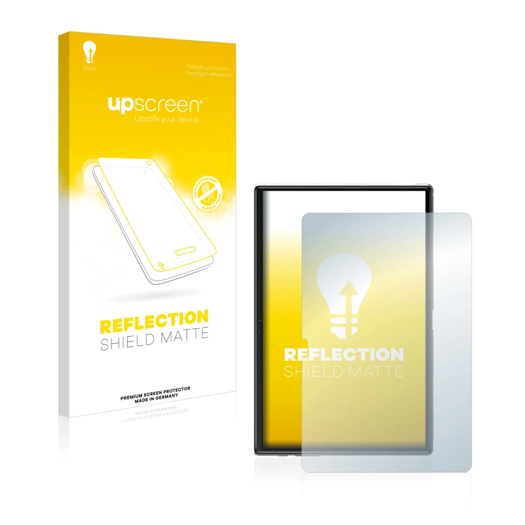 Parte frontal de un envase de producto con el logotipo de la marca upscreen. Al lado se muestra el dispositivo Yestel T10 10