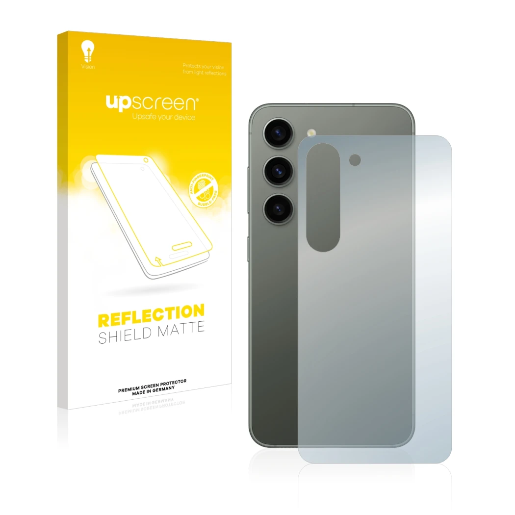 Parte frontal de un envase de producto con el logotipo de la marca upscreen. Al lado se muestra el dispositivo Samsung Galaxy 