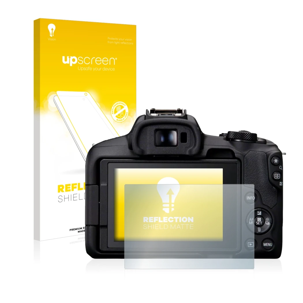 Parte frontal de un envase de producto con el logotipo de la marca upscreen. Al lado se muestra el dispositivo Canon EOS R50 c