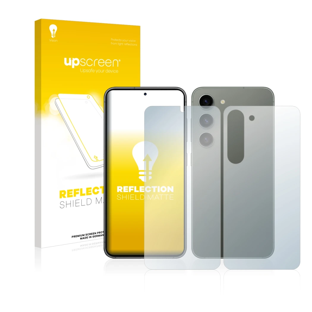 Parte frontal de un envase de producto con el logotipo de la marca upscreen. Al lado se muestra el dispositivo Samsung Galaxy