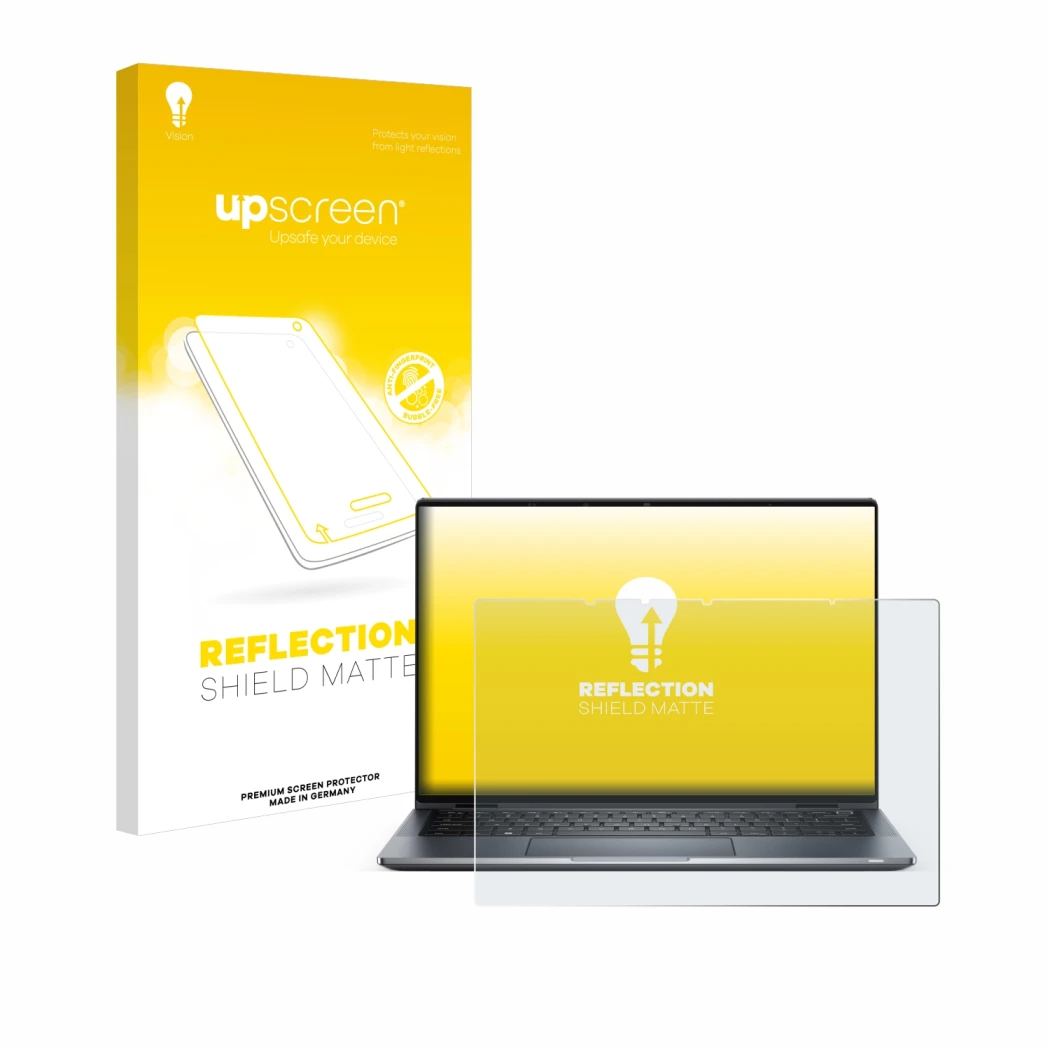 Parte frontal de un envase de producto con el logotipo de la marca upscreen. Al lado se muestra el dispositivo Dell Latitude 9