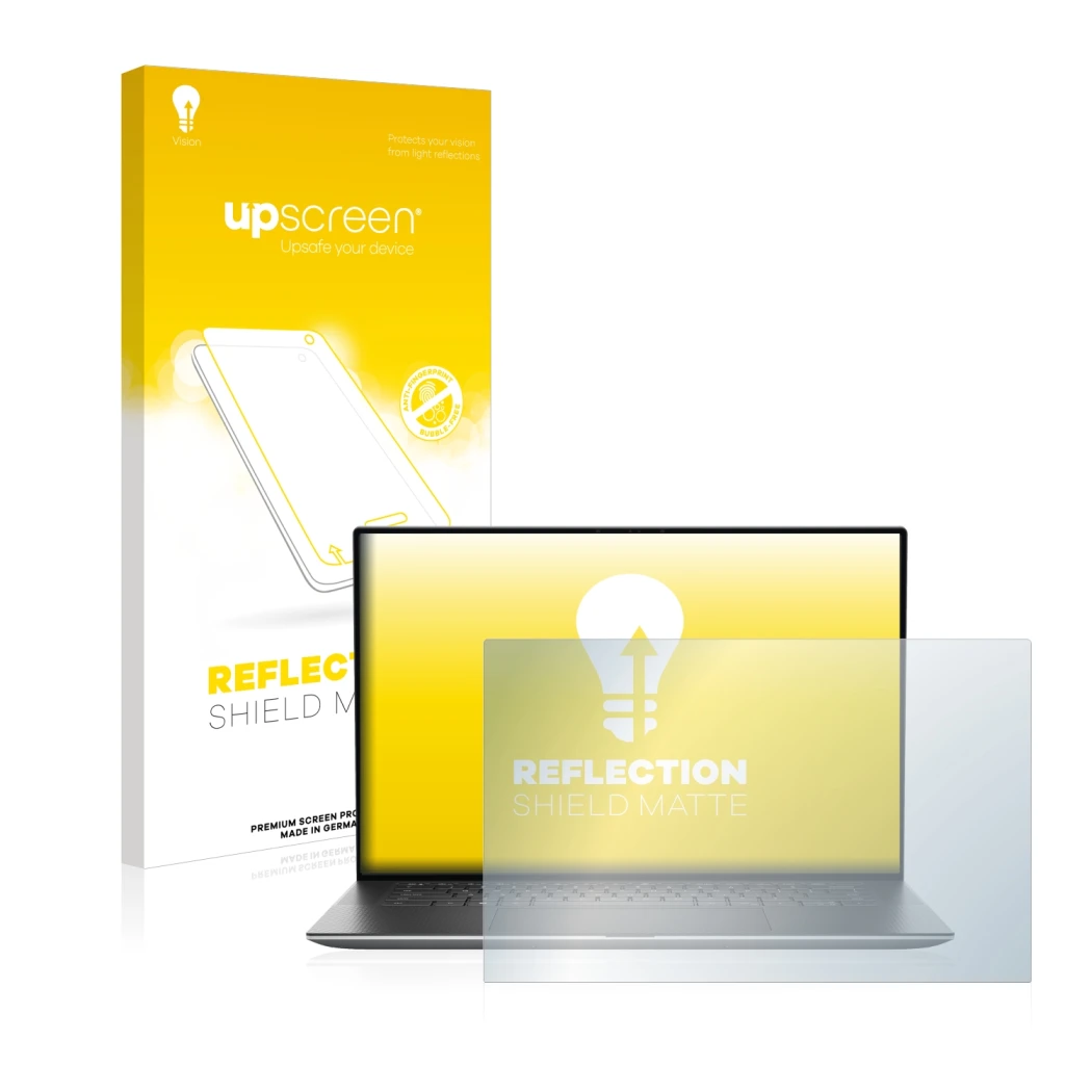 Parte frontal de un envase de producto con el logotipo de la marca upscreen. Al lado se muestra el dispositivo Dell Precision