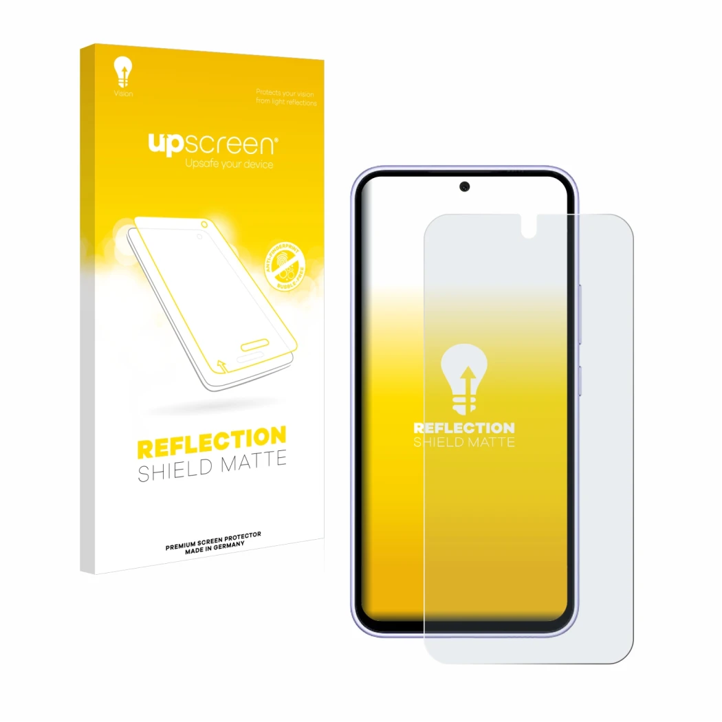 Parte frontal de un envase de producto con el logotipo de la marca upscreen. Al lado se muestra el dispositivo Samsung Galaxy 