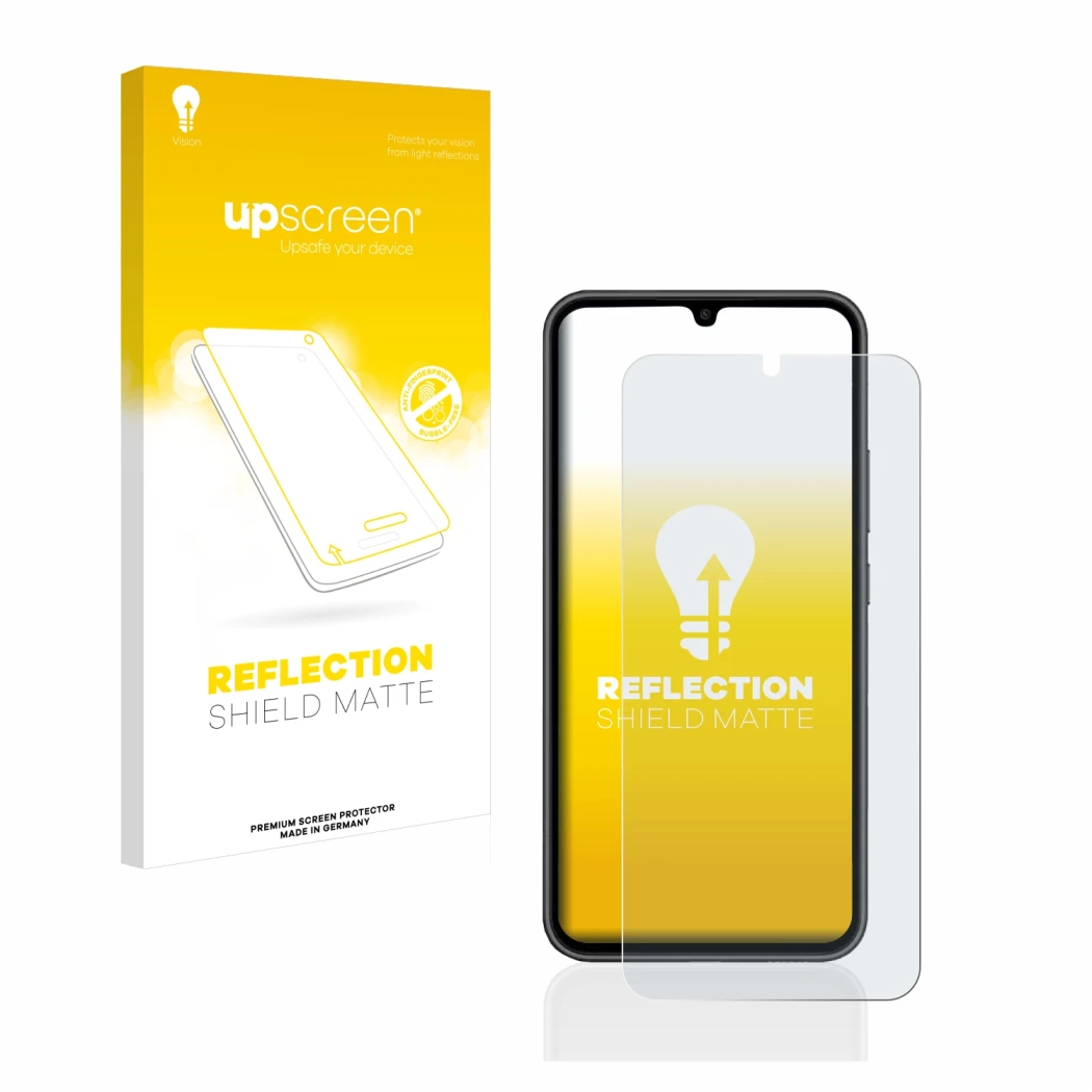 Parte frontal de un envase de producto con el logotipo de la marca upscreen. Al lado se muestra el dispositivo Samsung Galaxy 