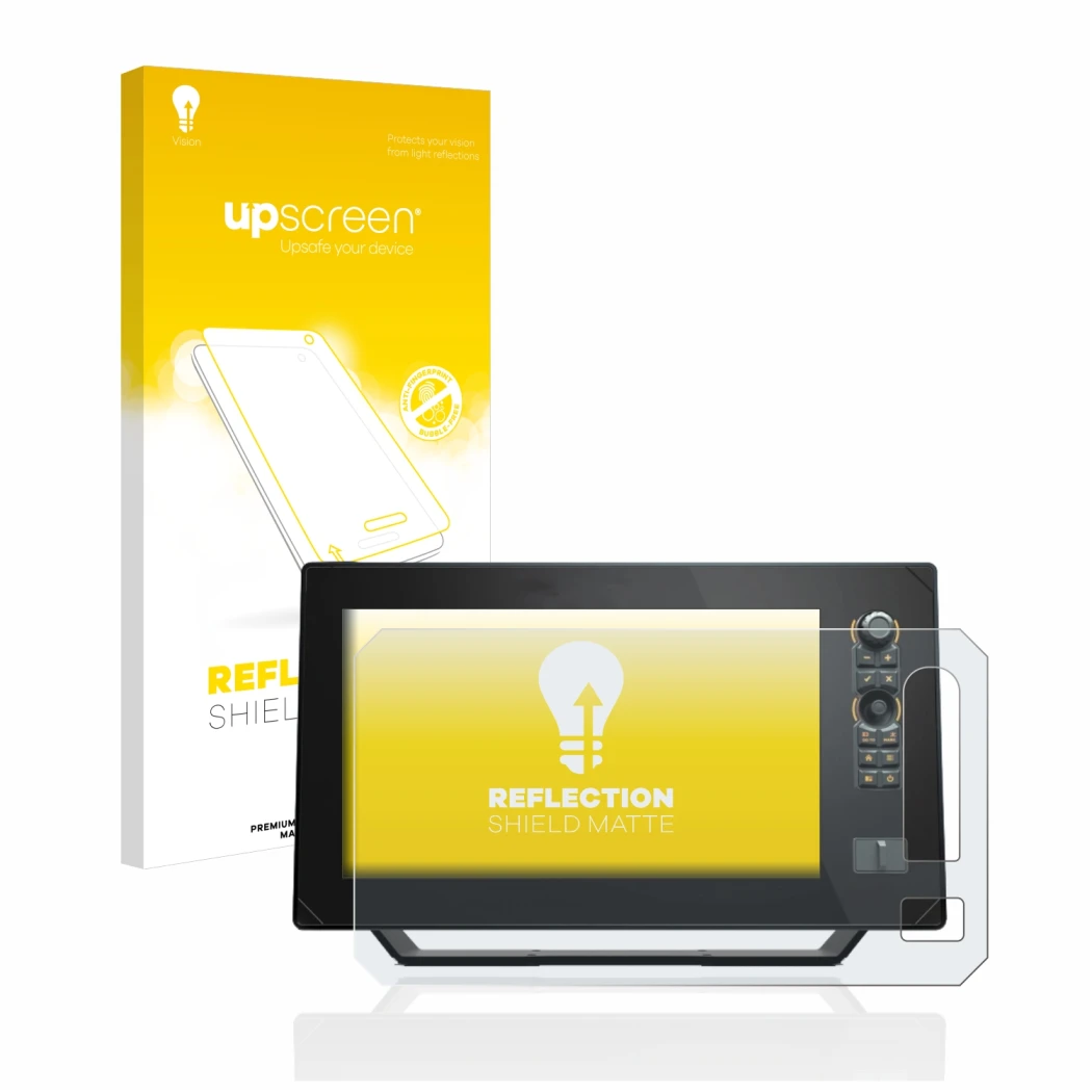 Parte frontal de un envase de producto con el logotipo de la marca upscreen. Al lado se muestra el dispositivo Humminbird Apex