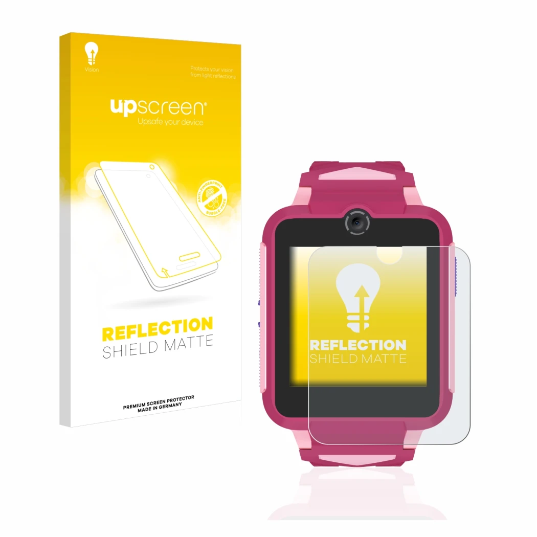 Parte frontal de un envase de producto con el logotipo de la marca upscreen. Al lado se muestra el dispositivo TCL Movetime Fa