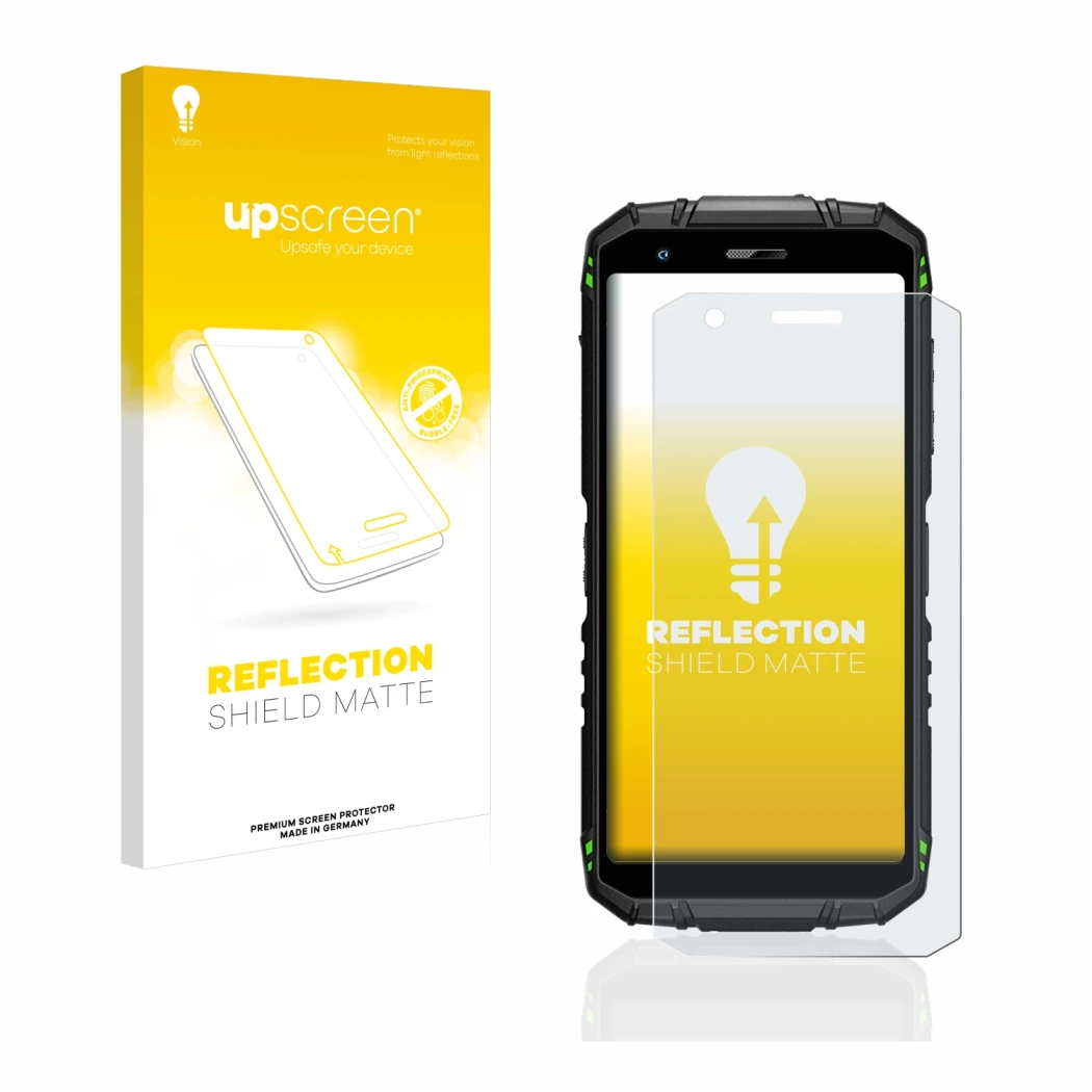 Parte frontal de un envase de producto con el logotipo de la marca upscreen. Al lado se muestra el dispositivo Doogee S41 Pro 